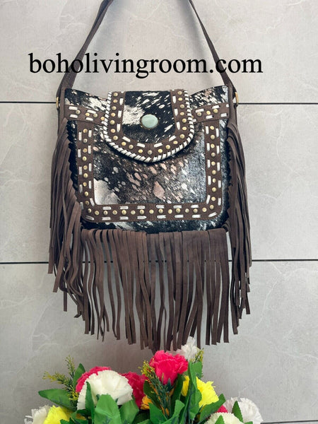 Metallic Cowhide Crossbody Purse With Leather Fringe