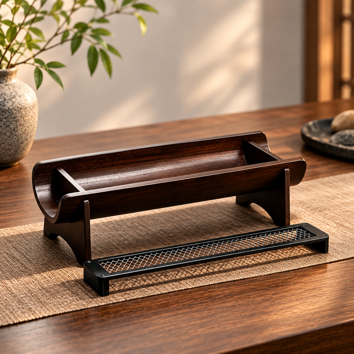 Bamboo Incense Stick Holder with Removable Metal Mesh Ash Tray