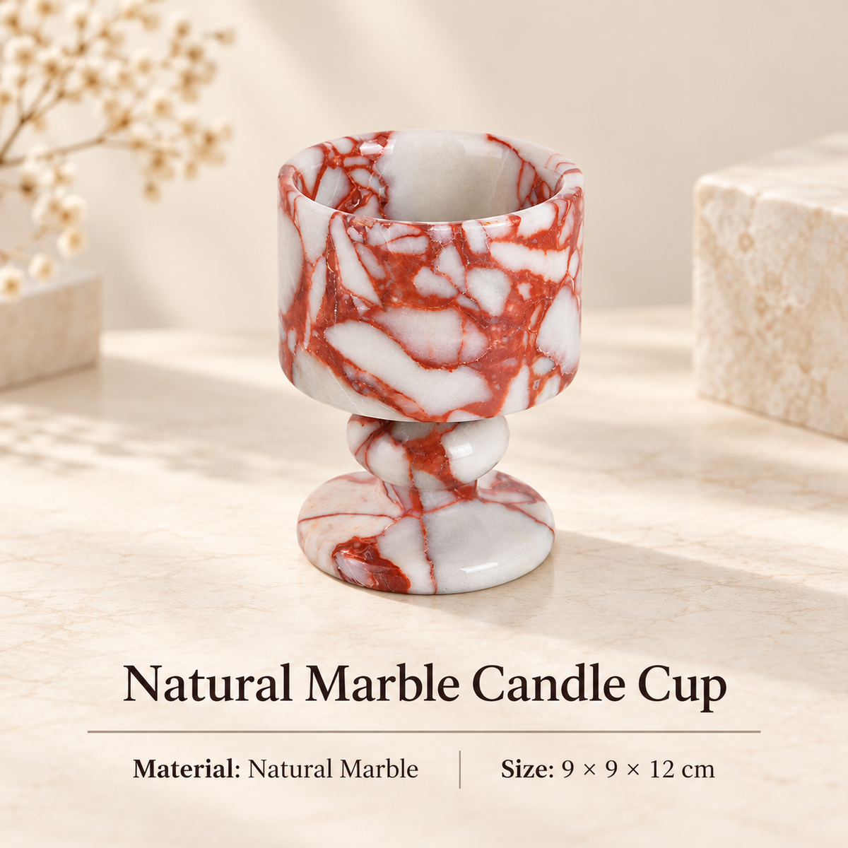 Natural Marble Goblet Candle Holder with Rounded Stem and Red Veining 2