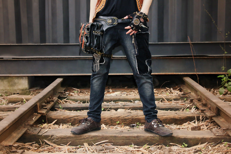 Steampunk Waist Bag with Skull Studs and Adjustable Straps