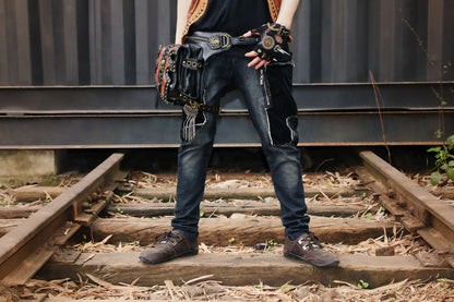 Steampunk Waist Bag with Skull Studs and Adjustable Straps