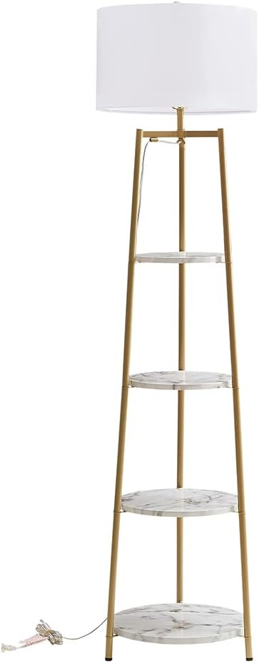Modern Golden Floor Lamp with Shelves and Fabric Shade