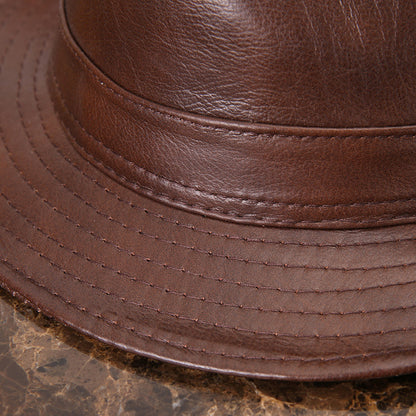 Men's Cowhide Leather Fedora Hat Wide Brim