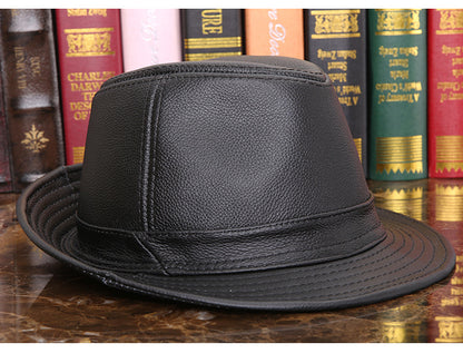 Men's Cowhide Leather Fedora Hat Wide Brim