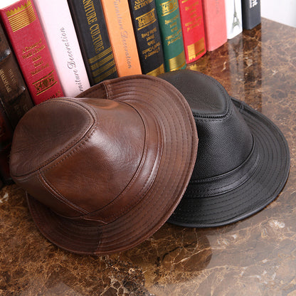 Men's Cowhide Leather Fedora Hat Wide Brim