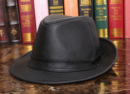Men's Cowhide Leather Fedora Hat Wide Brim