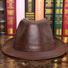 Men's Cowhide Leather Fedora Hat Wide Brim