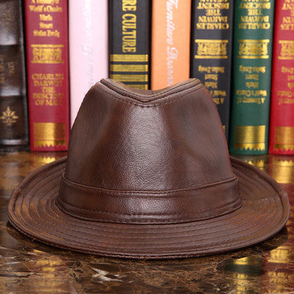 Men's Cowhide Leather Fedora Hat Wide Brim