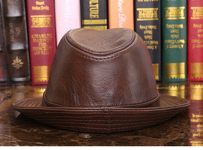 Men's Cowhide Leather Fedora Hat Wide Brim