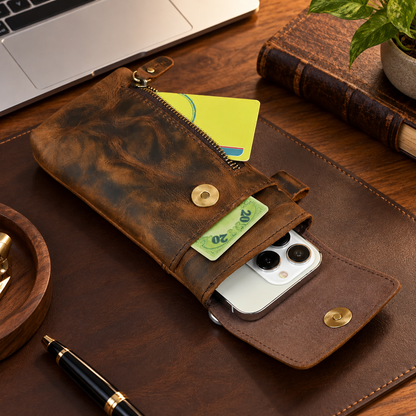 Men’s Leather Waist Bag with Vintage Phone Pouch and Zipper Pocket