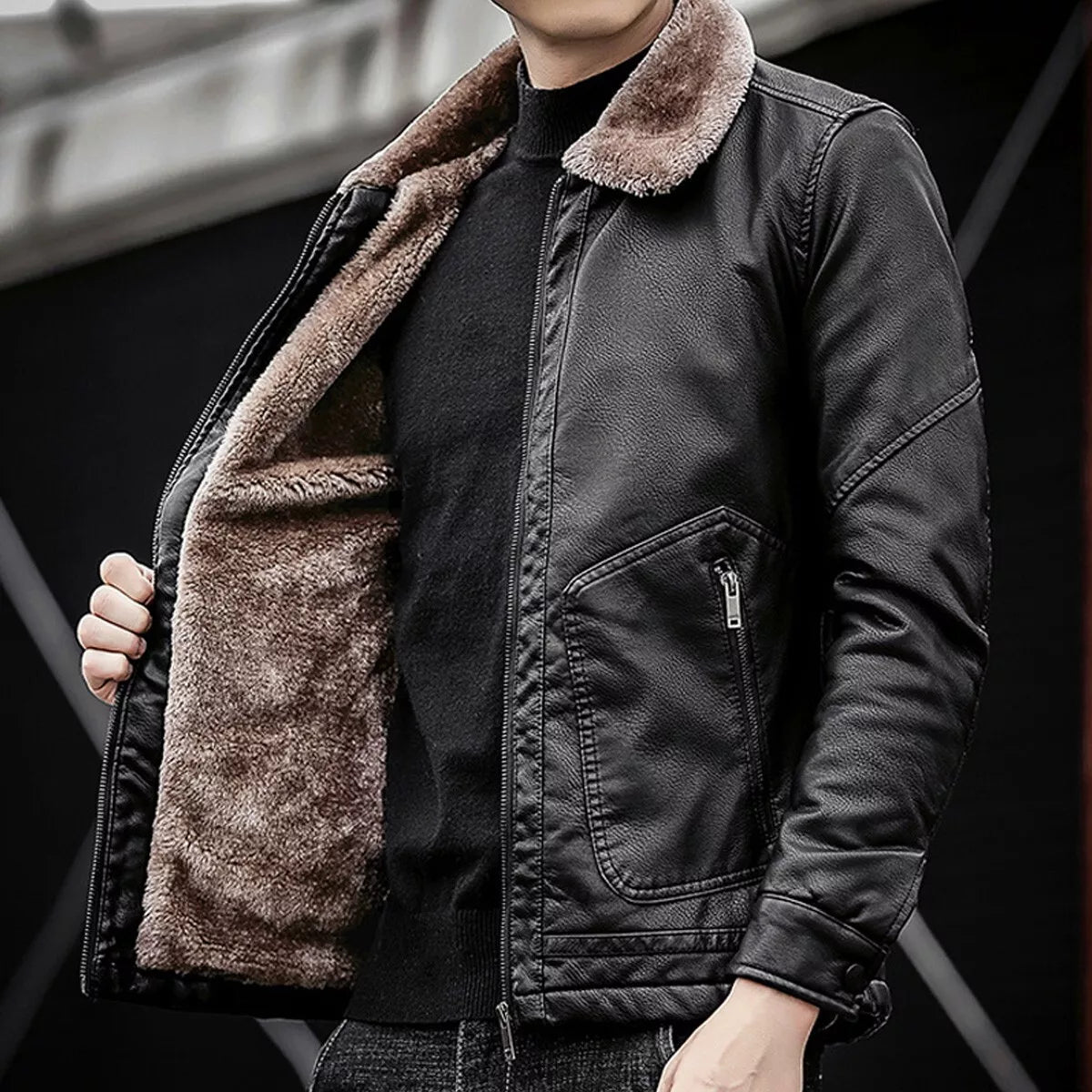 leather biker jacket with fur collar mens