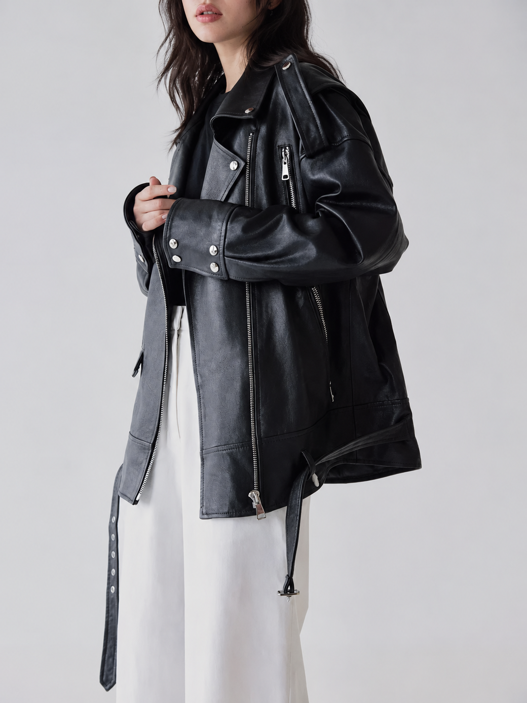 Women’s Oversized Black Sheepskin Leather Biker Jacket