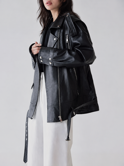 Women’s Oversized Black Sheepskin Leather Biker Jacket