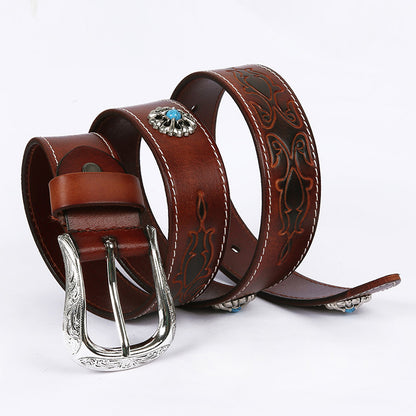 Genuine Leather Western Belt with Silver Buckle and Turquoise Accents