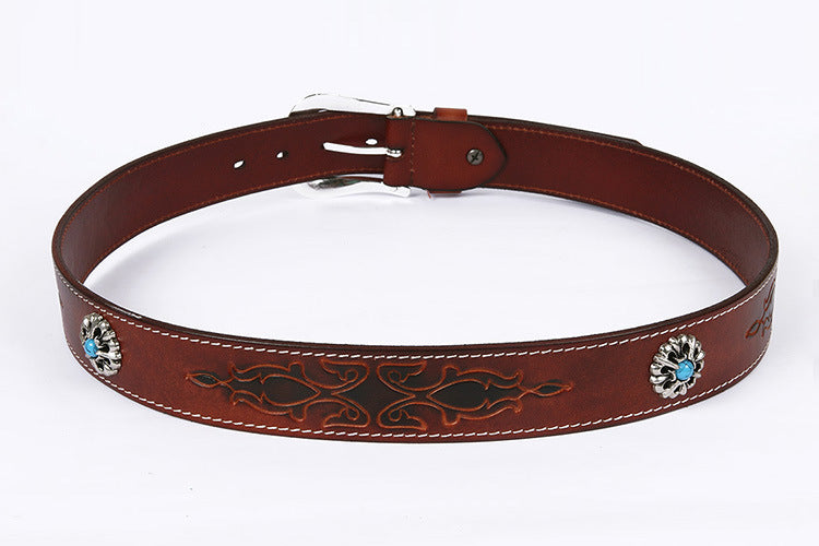 Genuine Leather Western Belt with Silver Buckle and Turquoise Accents