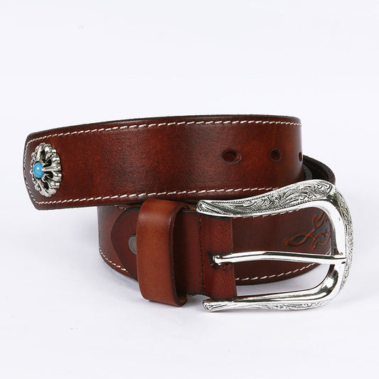 Genuine Leather Western Belt with Silver Buckle and Turquoise Accents
