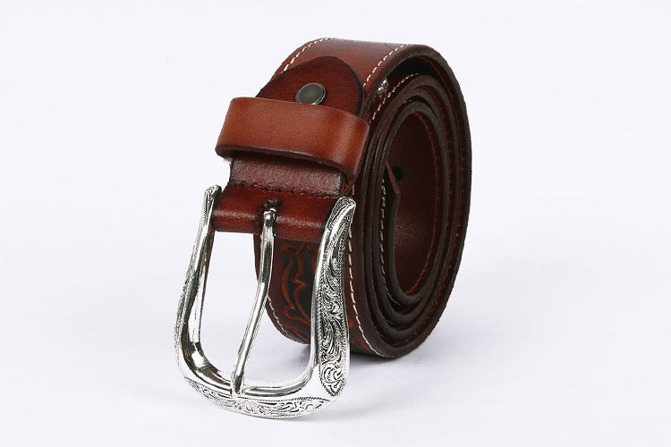 Genuine Leather Western Belt with Silver Buckle and Turquoise Accents