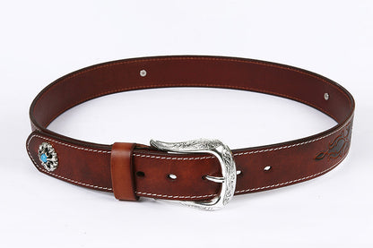 Genuine Leather Western Belt with Silver Buckle and Turquoise Accents