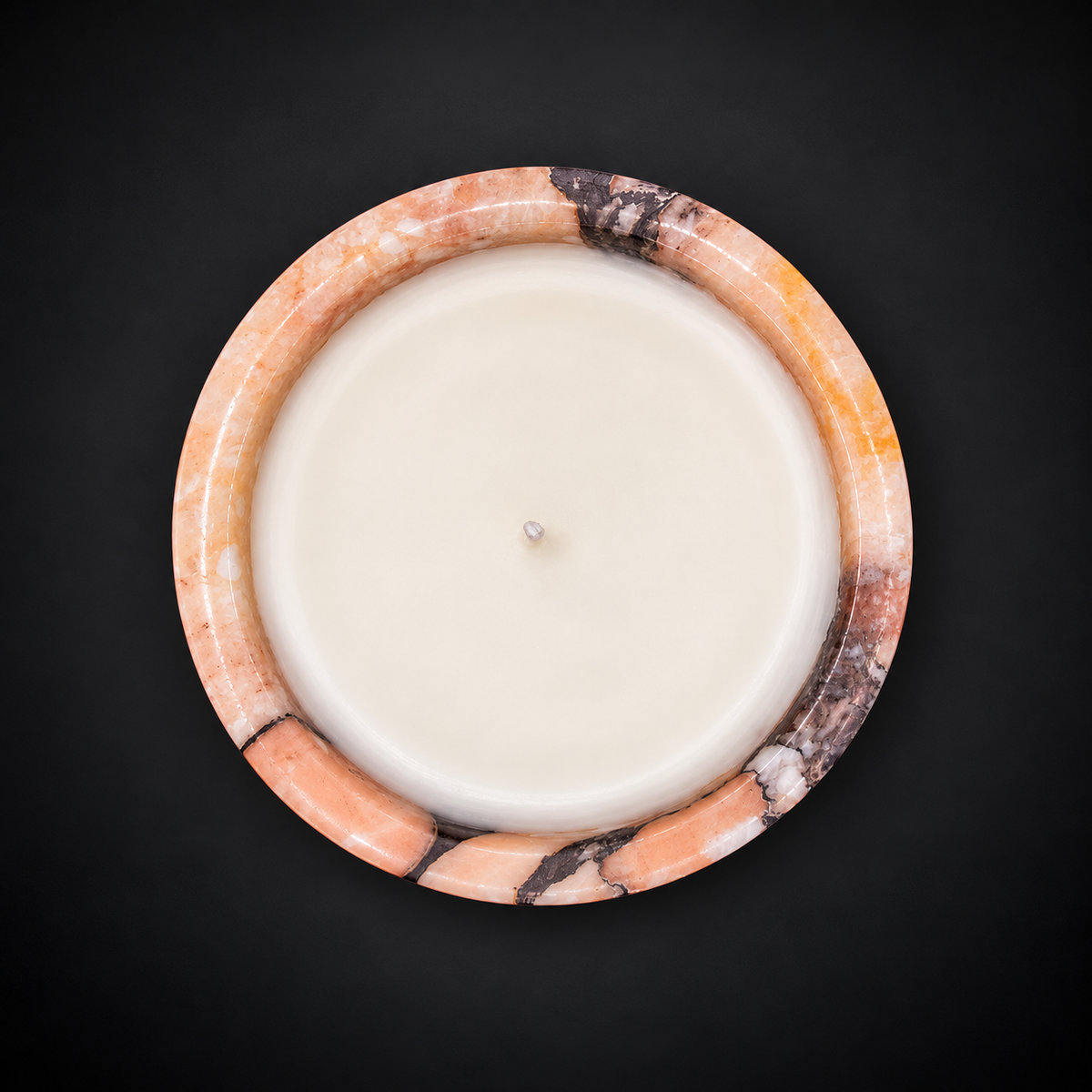 Peach Marble Pedestal Candle Holder with Rounded Stem and Dark Veining