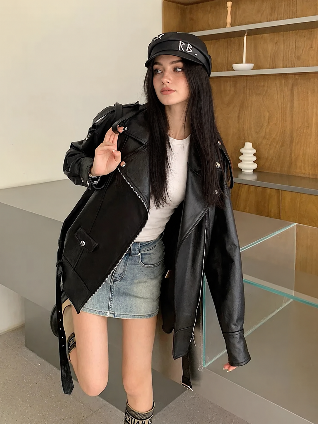 Women’s Oversized Black Sheepskin Leather Biker Jacket