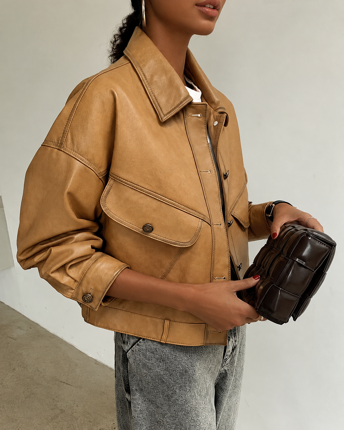 Women's Cropped Leather Jacket in Lambskin with Relaxed Moto Style