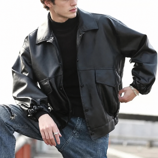 Men's Leather Bomber Jacket with Oversized Black Relaxed Fit