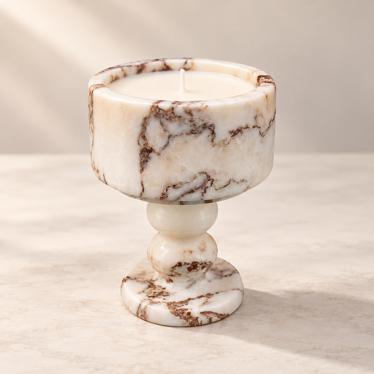 Peach Marble Pedestal Candle Holder with Rounded Stem and Dark Veining 2