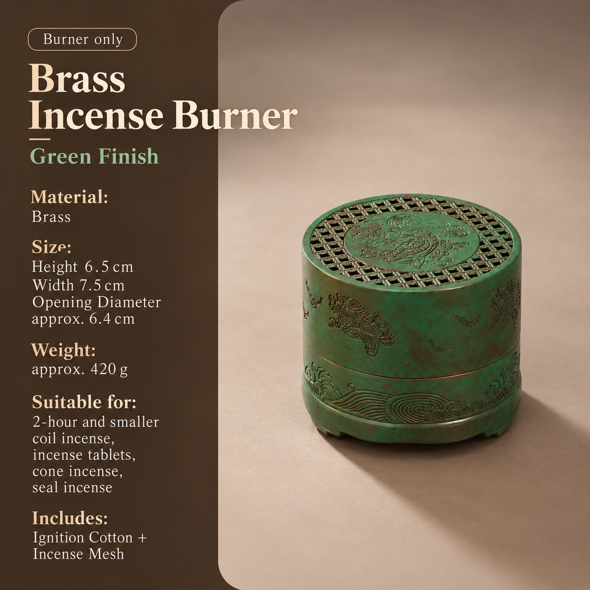Incense Burner in Brass with Decorative Koi Lid for Home