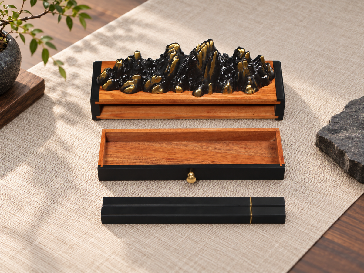 Incense Box with Mountain Landscape and Storage Drawer