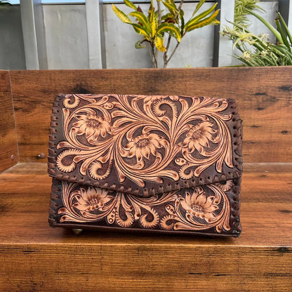 Tooled Leather Crossbody Sling Bag