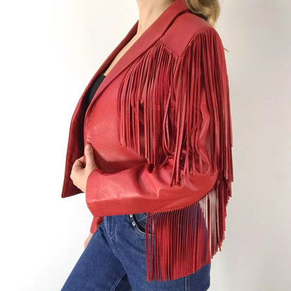 Women's Red Leather Fringe Jacket