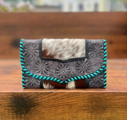 Hair On Cowhide Tooled Leather Clutch Purse