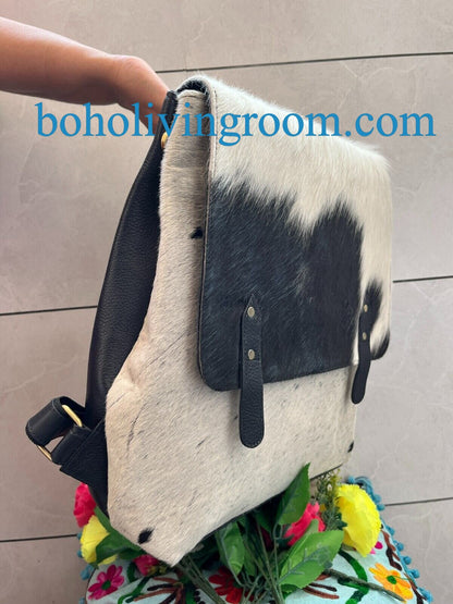 Cowhide Backpack Black White