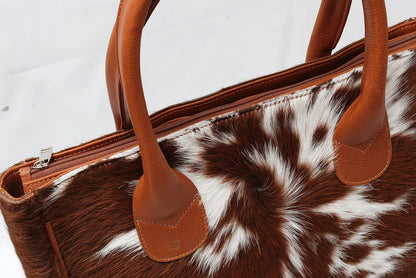 Brown White Leather Cowhide Tote Purse