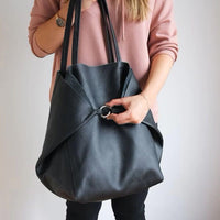 Large Real Leather Black Tote Bag