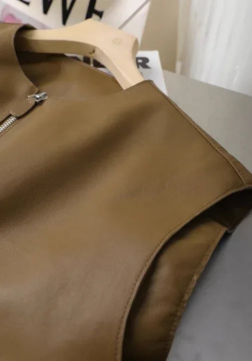 Women Real Soft Leather Zip Vest Office Vest