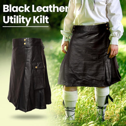 Black Leather Utility Kilt for Mens