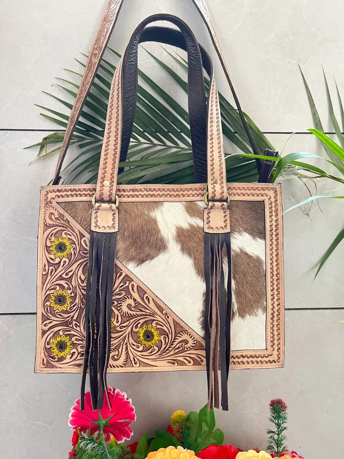 Hand Tooled Leather Cowhide Tote Bag