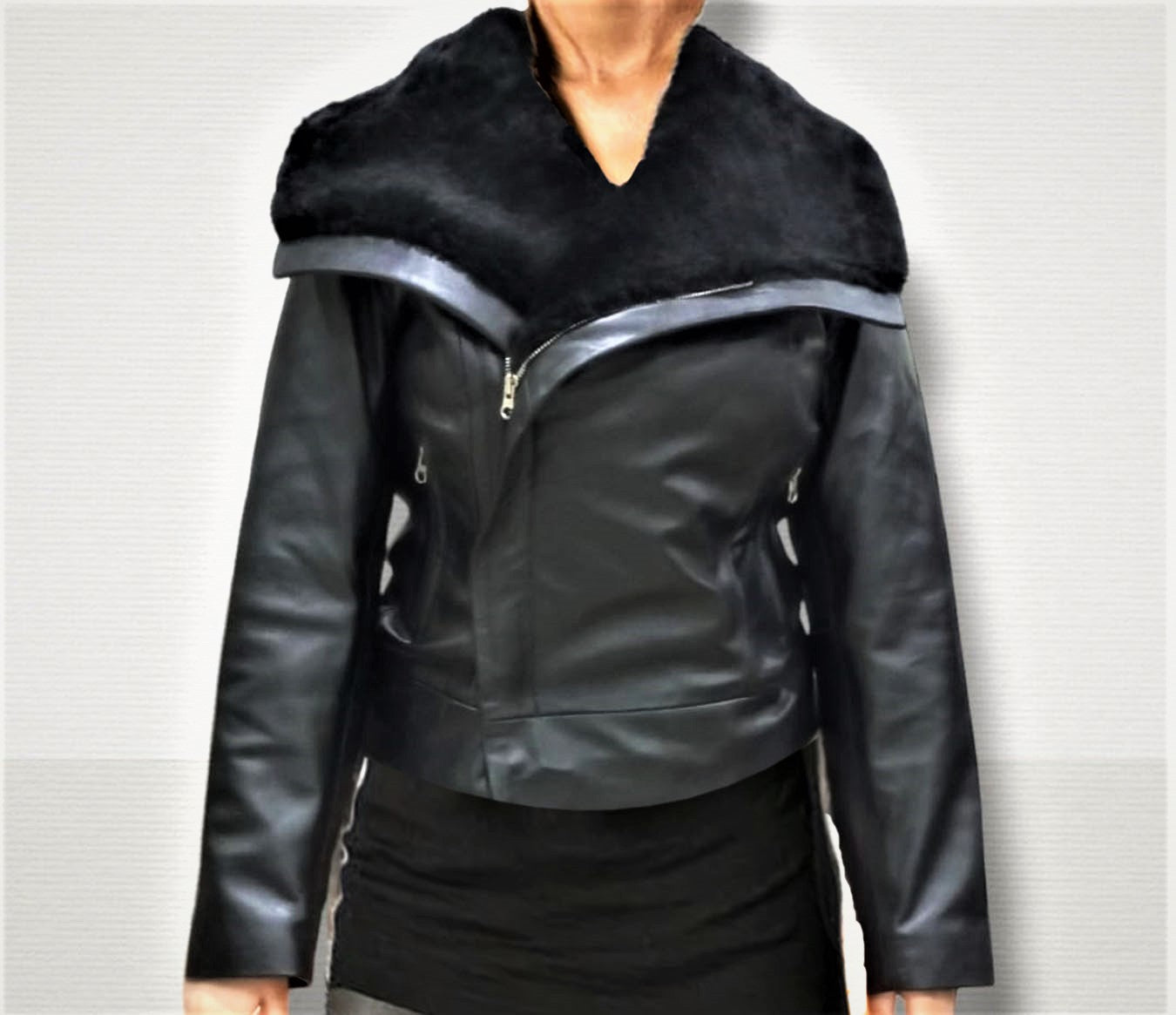 Women's leather jacket real sheep fur collar