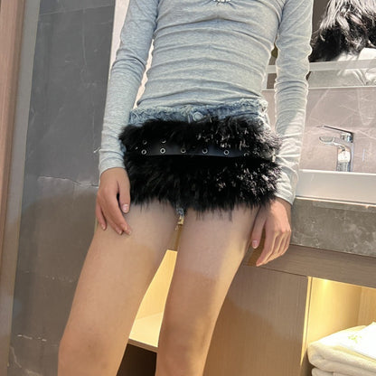 Wide faux fur belt women punk western waist chain