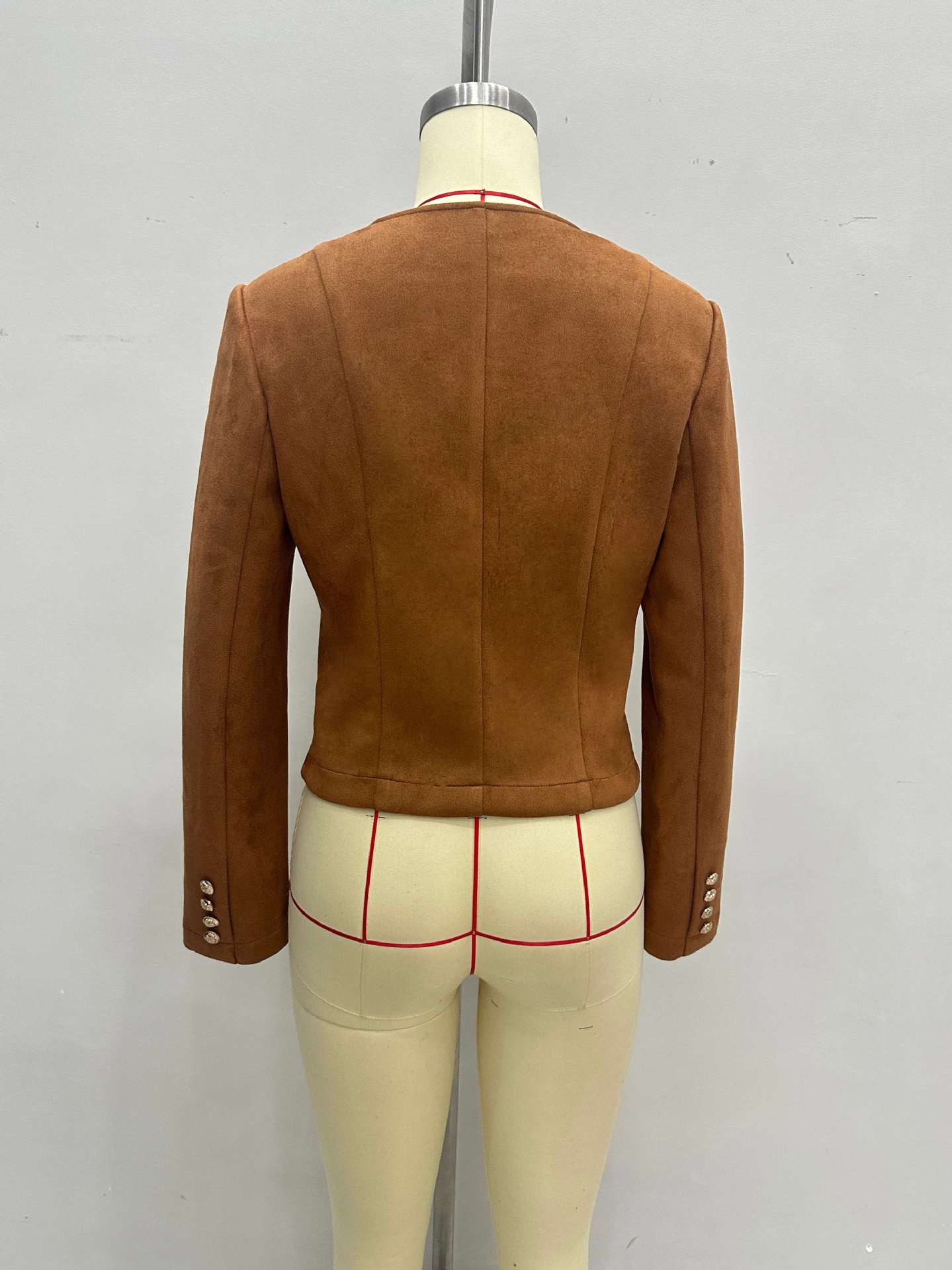 Brown Faux Suede Jacket Womens with Gold Buttons