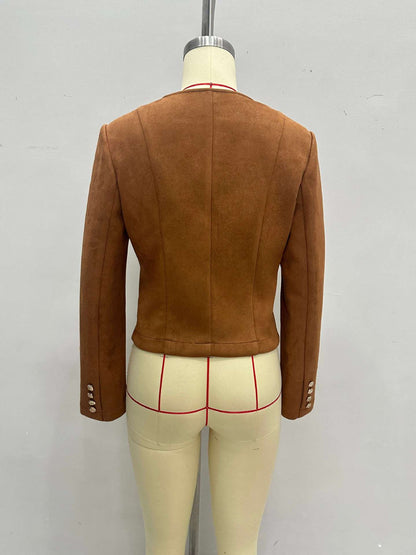 Brown Faux Suede Jacket Womens with Gold Buttons