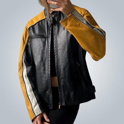 leather flight jacket women's black yellow