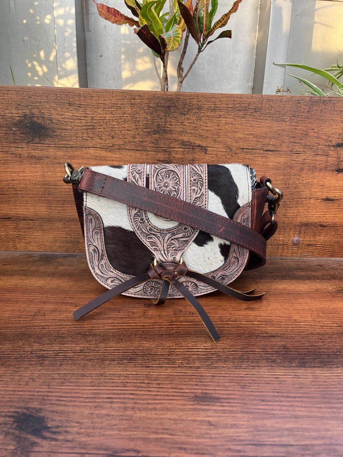 Western Tooled Leather Crossbody Cowhide Bag with Fringe
