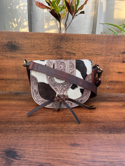 Western Tooled Leather Crossbody Cowhide Bag with Fringe