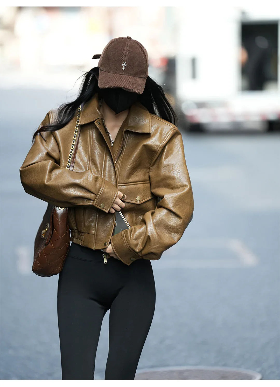 Cropped leather jacket for women