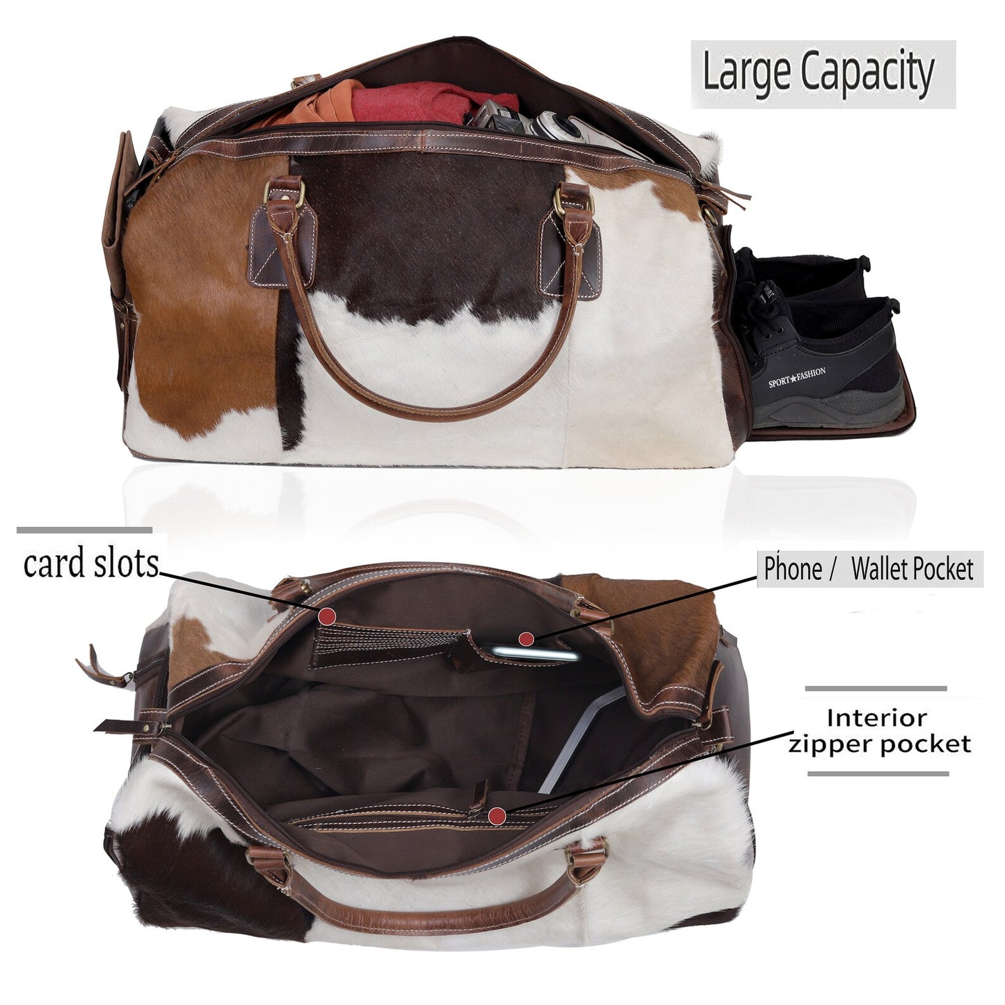 Tricolor Cowhide Duffel Bag With Shoe Compartment