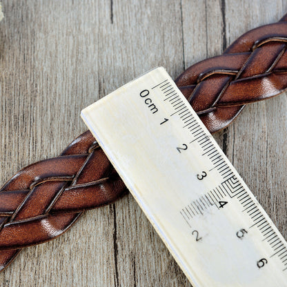 Slim Brown Braided Leather Waist Belt with Gold Buckle