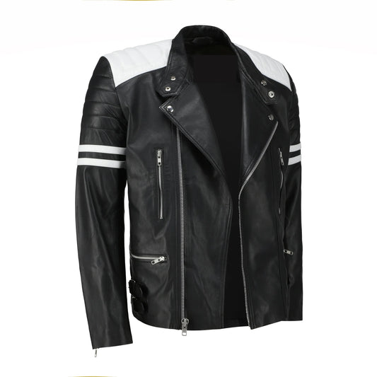 Genuine Biker Leather Jacket Black White