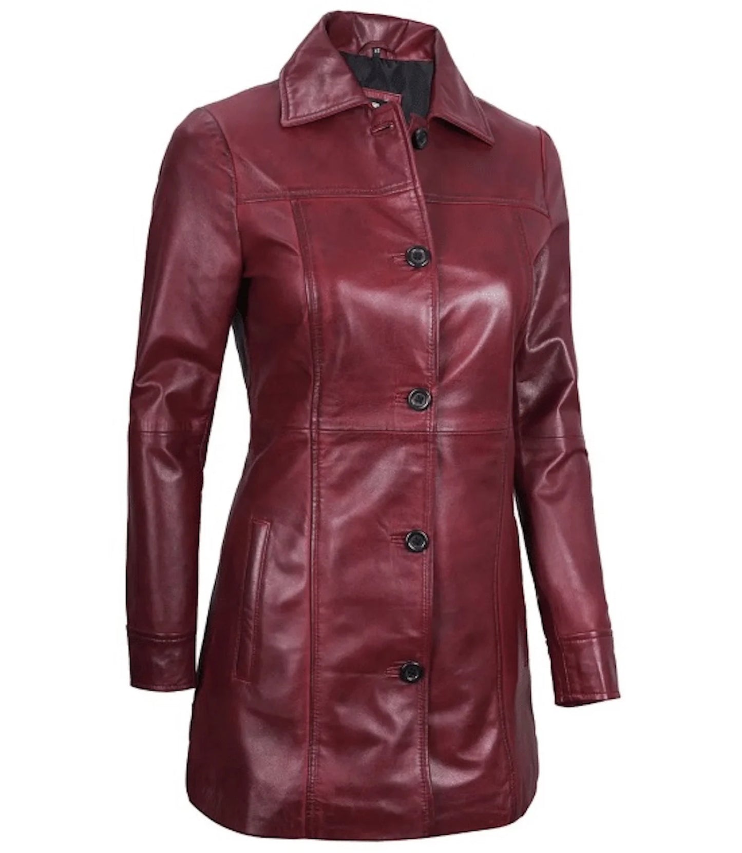 Genuine Leather Maroon Trench Coat